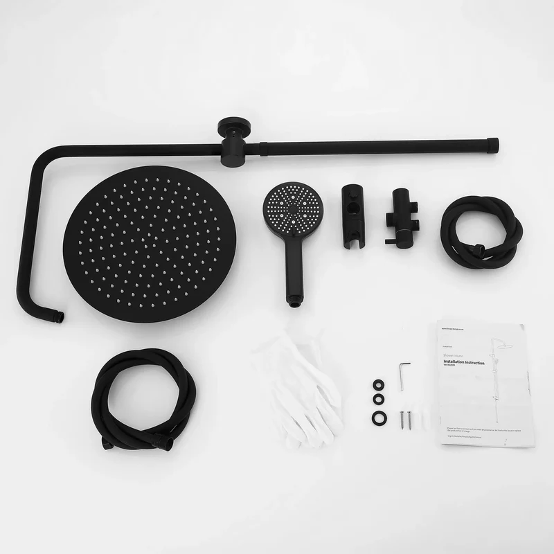 Homelody Duschsystem mit Thermostat Badewannenarmatur Schwarz Regendusche 30 cm Regendusche Runde, 5 Strahlarten Handbrause, Wasserfall-Auslauf