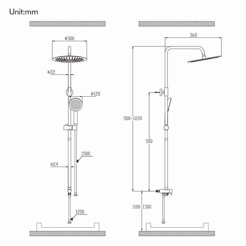Homelody Duschsystem mit Thermostat Badewannenarmatur Schwarz Regendusche 30 cm Regendusche Runde, 5 Strahlarten Handbrause, Wasserfall-Auslauf