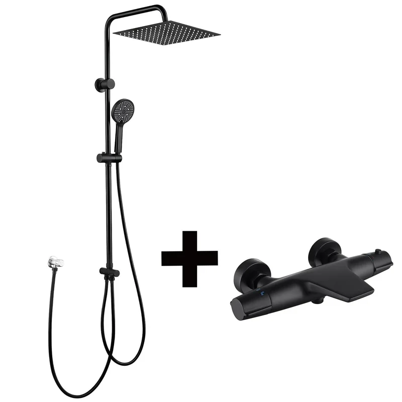 Homelody Duschsystem mit Thermostat Badewannenarmatur Schwarz Regendusche Quadratisch 30 cm Regendusche, 5 Strahlarten Handbrause, Wasserfall-Auslauf