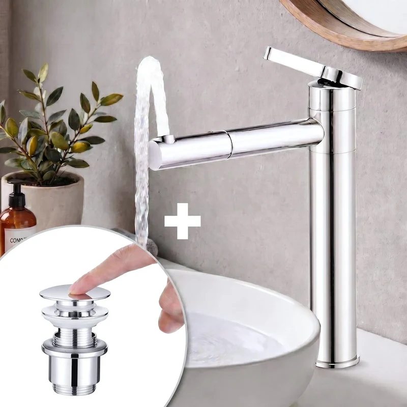 Homelody Wasserhahn Bad+ Chrom Universal Ablaufgarnitur Pop-Up Ventil 1 1/4 Zoll Waschtischarmatur Mischbatterie Hoch mit 360° Drehbar Auslauf SUS304