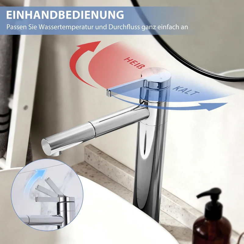 Homelody Wasserhahn Bad+ Chrom Universal Ablaufgarnitur Pop-Up Ventil 1 1/4 Zoll Waschtischarmatur Mischbatterie Hoch mit 360° Drehbar Auslauf SUS304