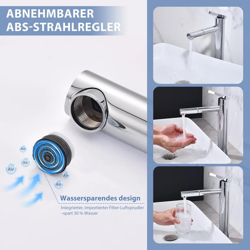 Homelody Wasserhahn Bad+ Chrom Universal Ablaufgarnitur Pop-Up Ventil 1 1/4 Zoll Waschtischarmatur Mischbatterie Hoch mit 360° Drehbar Auslauf SUS304
