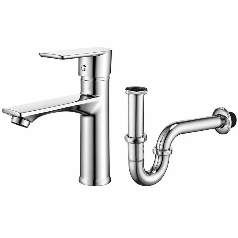 Homelody Bad Chrom Einhebelmischer Badezimmer Waschtischarmatur Mischbatterie mit Universal Röhrengeruchverschluss Siphon für Waschbecken Waschtisch