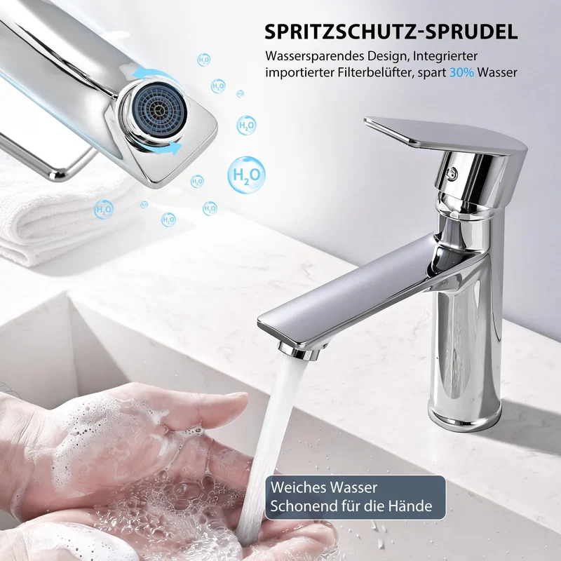 Homelody Bad Chrom Einhebelmischer Badezimmer Waschtischarmatur Mischbatterie mit Universal Röhrengeruchverschluss Siphon für Waschbecken Waschtisch