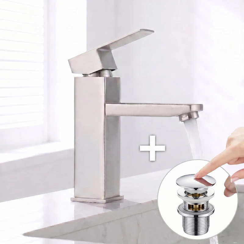 Homelody Wasserhahn Bad Gebürstet+Universal Ablaufgarnitur Pop-Up Ventil 1 1/4 Zoll Chrom, Einhandmischer Gäste WC Waschtischarmatur Mischbatterie