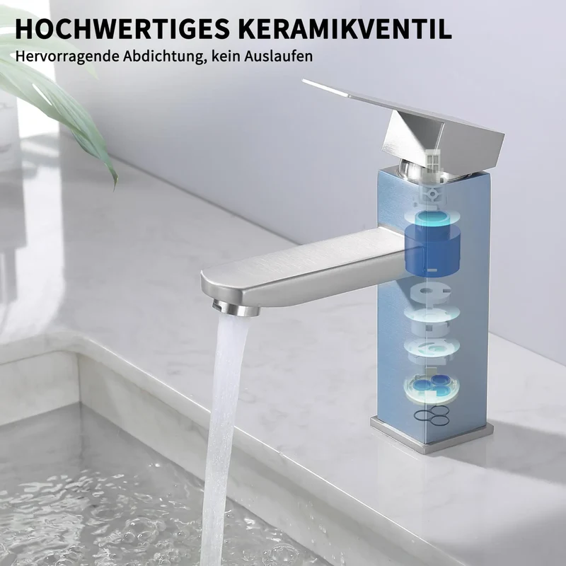 Homelody Wasserhahn Bad Gebürstet+Universal Ablaufgarnitur Pop-Up Ventil 1 1/4 Zoll Chrom, Einhandmischer Gäste WC Waschtischarmatur Mischbatterie