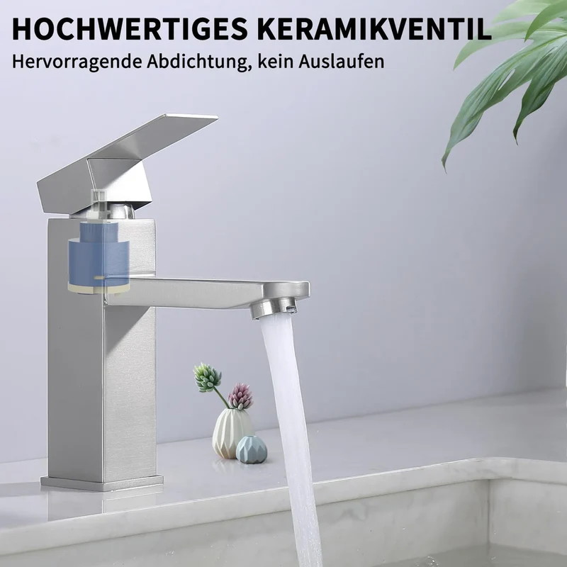 Homelody Wasserhahn Bad Gebürstet+Universal Ablaufgarnitur Pop-Up Ventil 1 1/4 Zoll Chrom, Einhandmischer Gäste WC Waschtischarmatur Mischbatterie