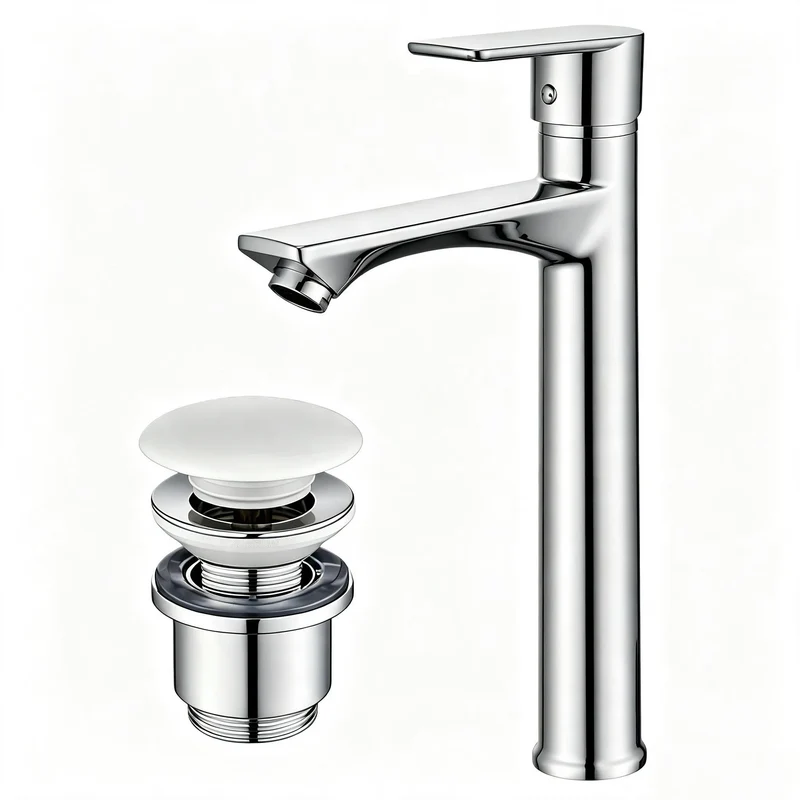 Homelody Wasserhahn Bad mit Universal Ablaufgarnitur Armatur Mischbatterie Waschbeckenarmatur mit Weiß Pop-Up Ventil Messing Überlauf Abflussgarnitur