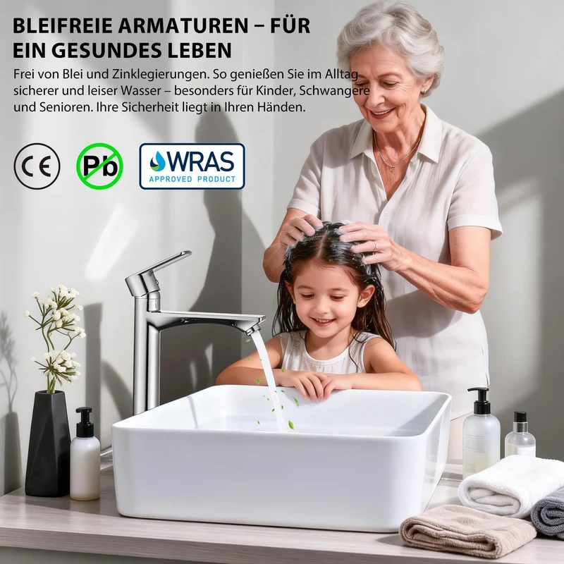 Homelody Wasserhahn Bad mit Universal Ablaufgarnitur Armatur Mischbatterie Waschbeckenarmatur mit Weiß Pop-Up Ventil Messing Überlauf Abflussgarnitur