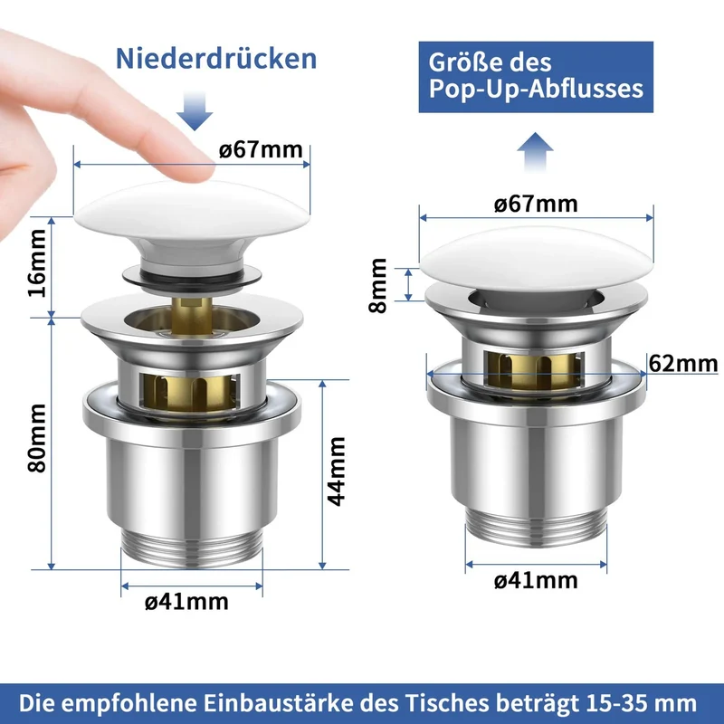 Homelody Wasserhahn Bad mit Universal Ablaufgarnitur Armatur Mischbatterie Waschbeckenarmatur mit Weiß Pop-Up Ventil Messing Überlauf Abflussgarnitur