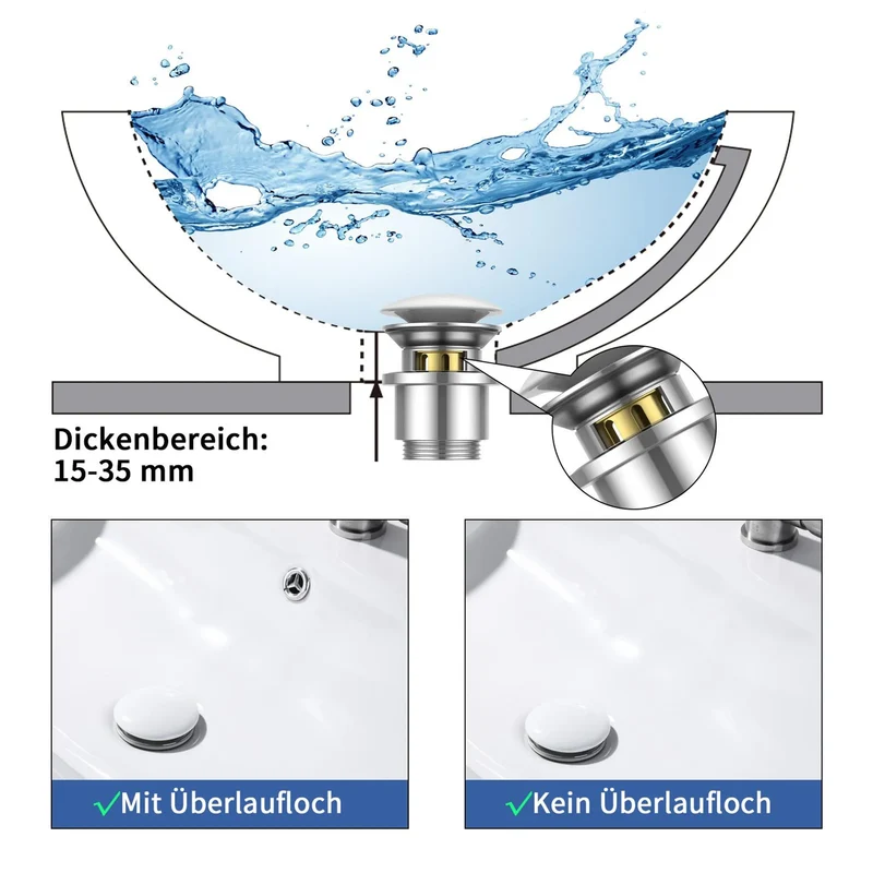 Homelody Wasserhahn Bad mit Universal Ablaufgarnitur Armatur Mischbatterie Waschbeckenarmatur mit Weiß Pop-Up Ventil Messing Überlauf Abflussgarnitur