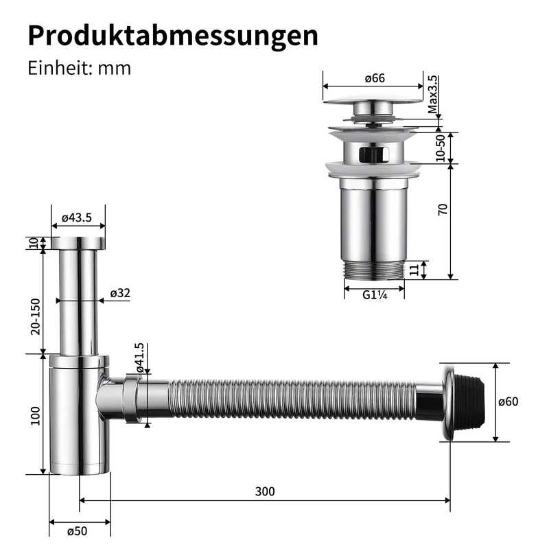 Homelody Wasserhahn Bad Chrom Einhebelmischer mit Siphon Pop Up Ablaufgarnitur Überlauf Röhrensiphon, Amatur Bad Waschbecken Chrom mit Abfluss