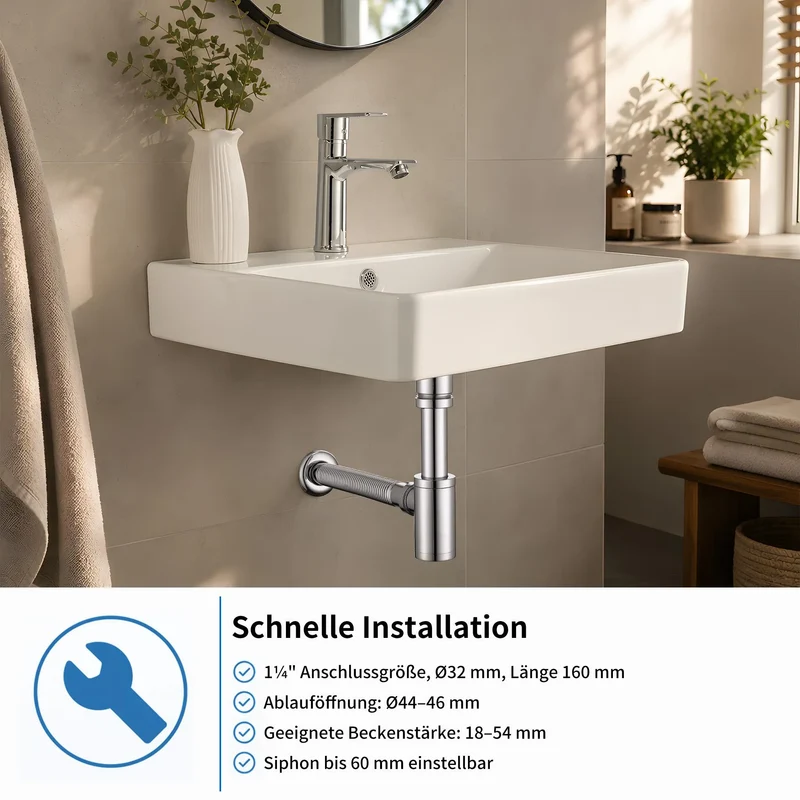 Homelody Wasserhahn Bad Chrom Einhebelmischer mit Siphon Pop Up Ablaufgarnitur Überlauf Röhrensiphon, Amatur Bad Waschbecken Chrom mit Abfluss