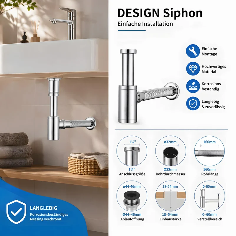 Homelody Wasserhahn Bad Chrom Einhebelmischer mit Siphon Pop Up Ablaufgarnitur Überlauf Röhrensiphon, Amatur Bad Waschbecken Chrom mit Abfluss