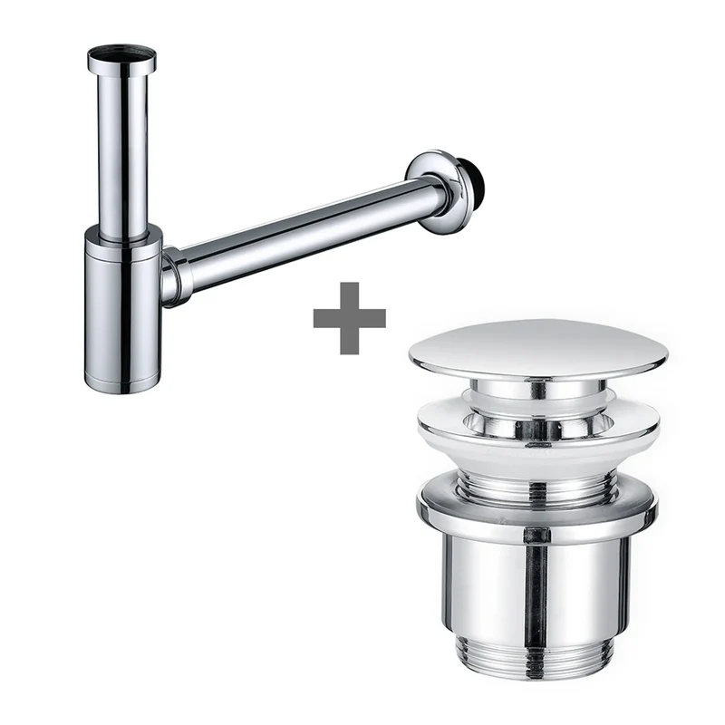 Siphon Pop Up Ablaufgarnitur mit Überlauf Universal Röhrensiphon Set für Waschbecken Waschtisch Bad Geruchsverschluss Stöpsel Abfluss Garnitur Chrom