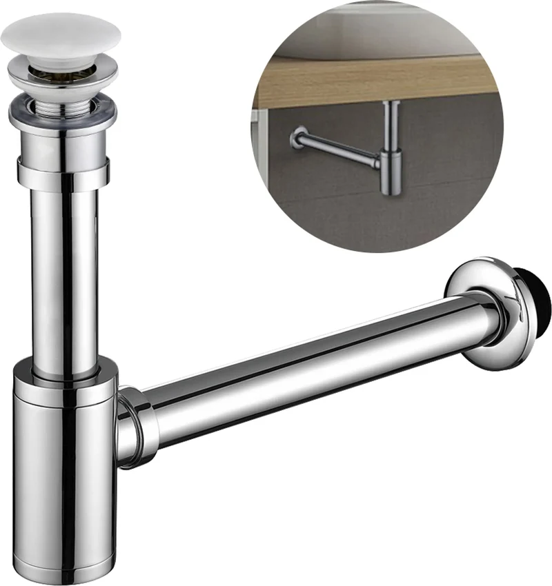 Siphon Pop Up Ablaufgarnitur mit Überlauf Universal Röhrensiphon Set für Waschbecken Waschtisch Bad Geruchsverschluss Stöpsel Abfluss Garnitur Chrom