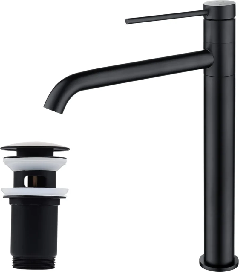 Homelody Edelstahl Badarmatur Schwarz Waschbecken hohe Mischbatterien 360° Schwenkbar Waschtischarmatur mit 1 1/4 Zoll Messing Ventil Ablauf