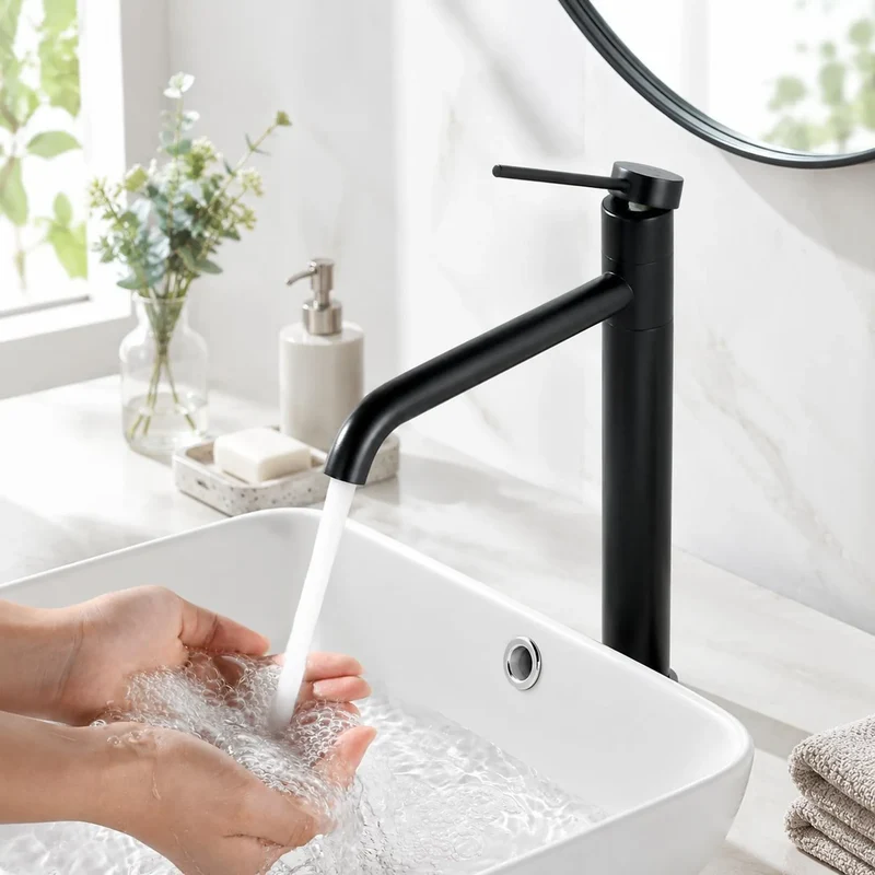 Homelody Edelstahl Badarmatur Schwarz Waschbecken hohe Mischbatterien 360° Schwenkbar Waschtischarmatur mit 1 1/4 Zoll Messing Ventil Ablauf