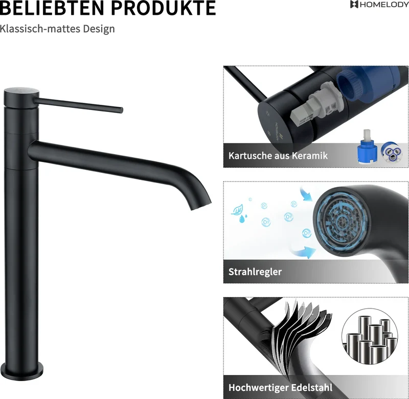 Homelody Edelstahl Badarmatur Schwarz Waschbecken hohe Mischbatterien 360° Schwenkbar Waschtischarmatur mit 1 1/4 Zoll Messing Ventil Ablauf