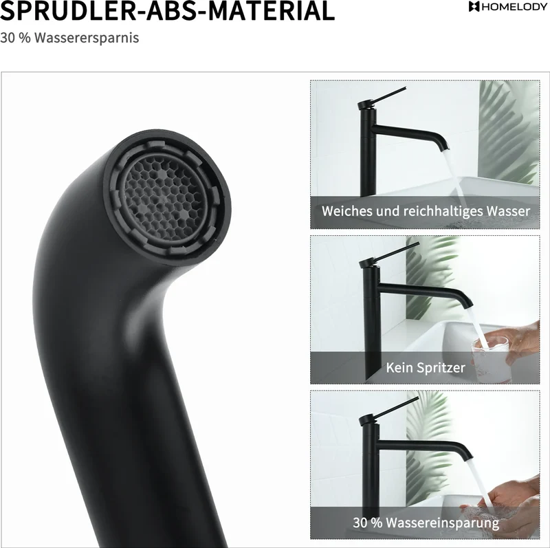 Homelody Edelstahl Badarmatur Schwarz Waschbecken hohe Mischbatterien 360° Schwenkbar Waschtischarmatur mit 1 1/4 Zoll Messing Ventil Ablauf