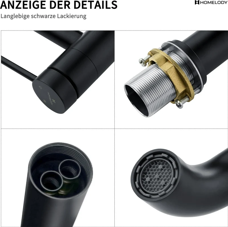 Homelody Edelstahl Badarmatur Schwarz Waschbecken hohe Mischbatterien 360° Schwenkbar Waschtischarmatur mit 1 1/4 Zoll Messing Ventil Ablauf