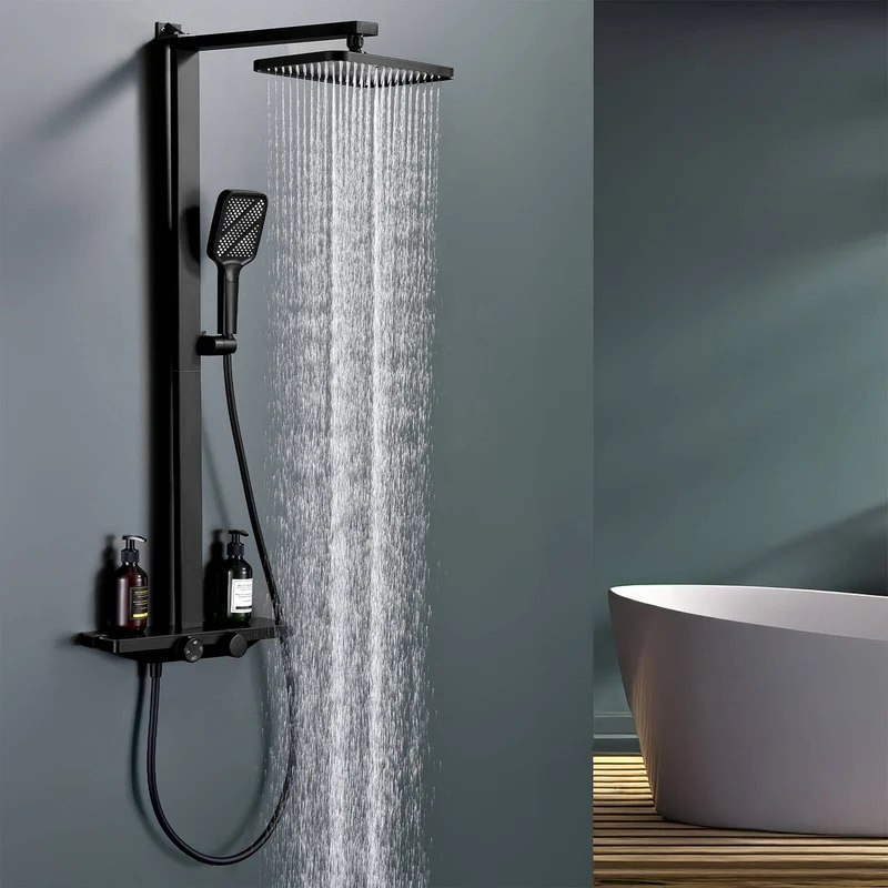 Homelody Duschsystem mit Thermostat und Glasablage in Schwarz Matt,Brausegarnitur, 3 Strahlart, 12 Zoll Regendusche, 3-Funktions-Handbrause