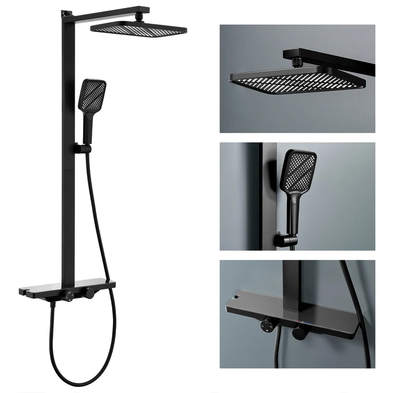 Homelody Duschsystem mit Thermostat und Glasablage in Schwarz Matt,Brausegarnitur, 3 Strahlart, 12 Zoll Regendusche, 3-Funktions-Handbrause