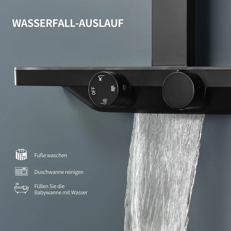 Homelody Duschsystem mit Thermostat und Glasablage in Schwarz Matt,Brausegarnitur, 3 Strahlart, 12 Zoll Regendusche, 3-Funktions-Handbrause