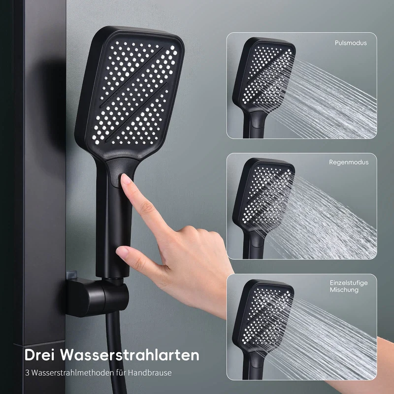 Homelody Duschsystem mit Thermostat und Glasablage in Schwarz Matt,Brausegarnitur, 3 Strahlart, 12 Zoll Regendusche, 3-Funktions-Handbrause