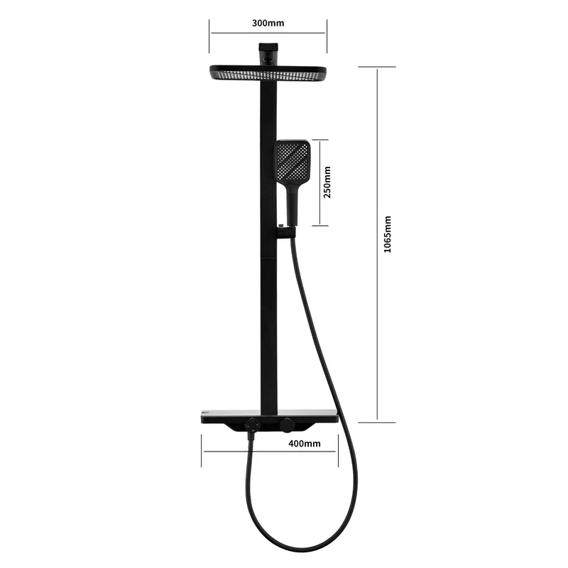 Homelody Duschsystem mit Thermostat und Glasablage in Schwarz Matt,Brausegarnitur, 3 Strahlart, 12 Zoll Regendusche, 3-Funktions-Handbrause