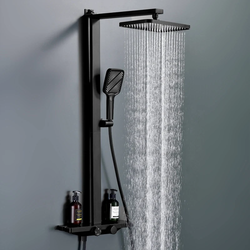 Homelody Duschsystem mit Thermostat und Glasablage in Schwarz Matt,Brausegarnitur, 3 Strahlart, 12 Zoll Regendusche, 3-Funktions-Handbrause
