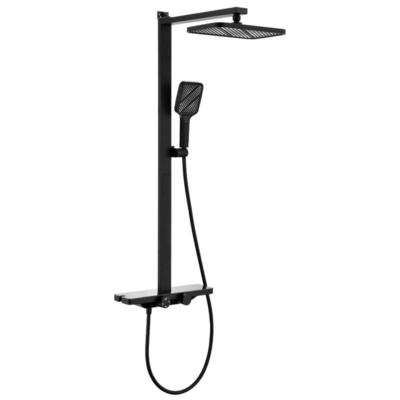 Homelody Duschsystem mit Thermostat und Glasablage in Schwarz Matt,Brausegarnitur, 3 Strahlart, 12 Zoll Regendusche, 3-Funktions-Handbrause