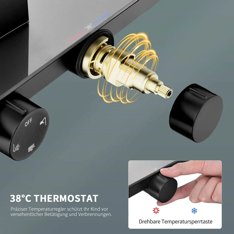 Homelody Duschsystem mit Thermostat und Glasablage in Schwarz Matt,Brausegarnitur, 3 Strahlart, 12 Zoll Regendusche, 3-Funktions-Handbrause
