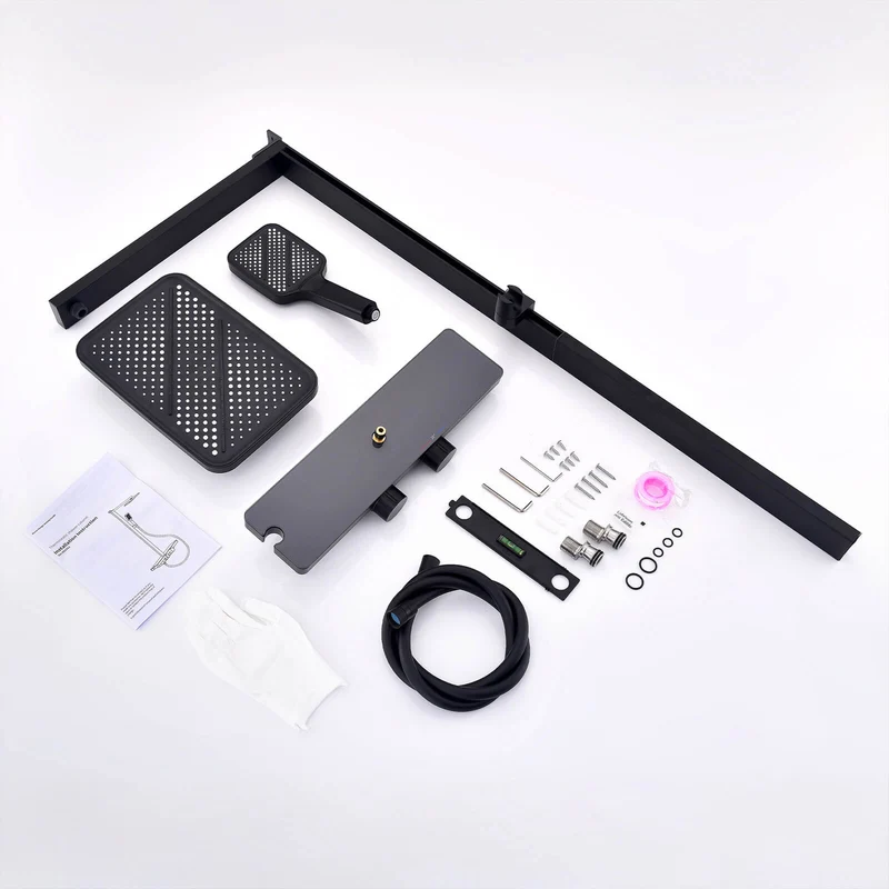 Homelody Duschsystem mit Thermostat und Glasablage in Schwarz Matt,Brausegarnitur, 3 Strahlart, 12 Zoll Regendusche, 3-Funktions-Handbrause