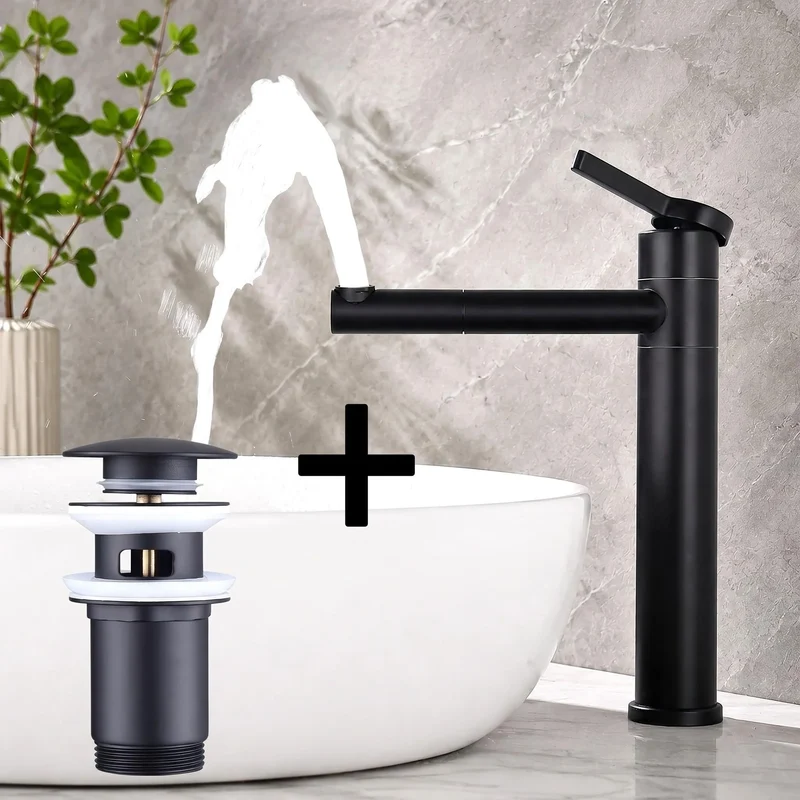 Homelody Wasserhahn Bad Schwarz 304 Edelstahl+Ablaufgarnitur 1 1/4 Zoll Messing Ventil Ablauf,Waschtischarmatur Waschbecken Armatur Mischbatterie Hoch