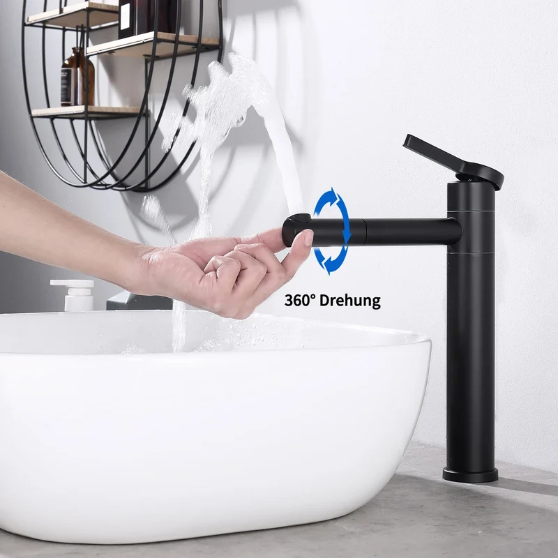 Homelody Wasserhahn Bad Schwarz 304 Edelstahl+Ablaufgarnitur 1 1/4 Zoll Messing Ventil Ablauf,Waschtischarmatur Waschbecken Armatur Mischbatterie Hoch
