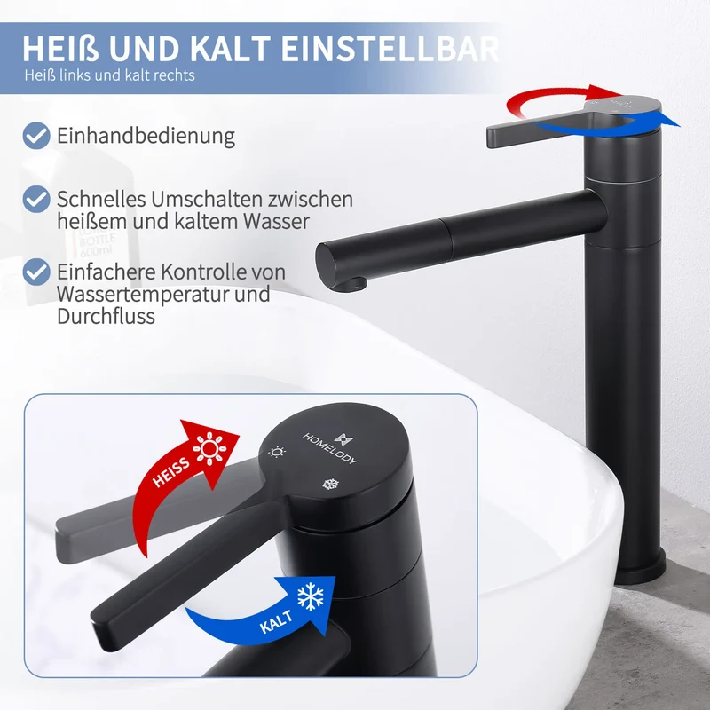 Homelody Wasserhahn Bad Schwarz 304 Edelstahl+Ablaufgarnitur 1 1/4 Zoll Messing Ventil Ablauf,Waschtischarmatur Waschbecken Armatur Mischbatterie Hoch