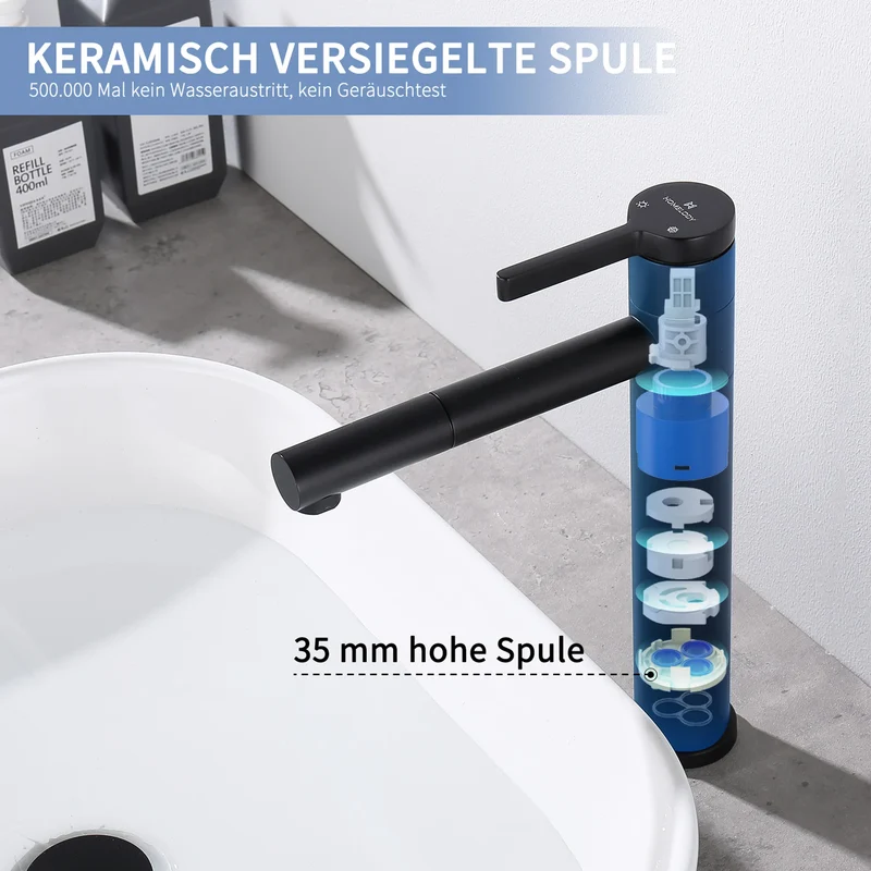 Homelody Wasserhahn Bad Schwarz 304 Edelstahl+Ablaufgarnitur 1 1/4 Zoll Messing Ventil Ablauf,Waschtischarmatur Waschbecken Armatur Mischbatterie Hoch