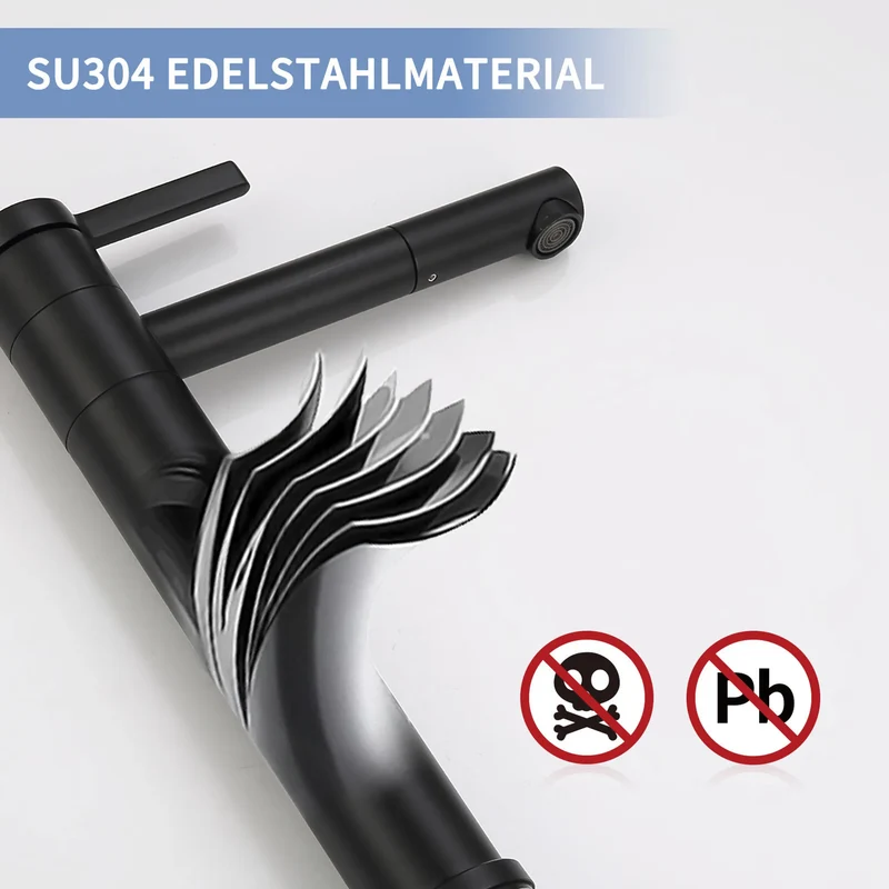 Homelody Wasserhahn Bad Schwarz 304 Edelstahl+Ablaufgarnitur 1 1/4 Zoll Messing Ventil Ablauf,Waschtischarmatur Waschbecken Armatur Mischbatterie Hoch