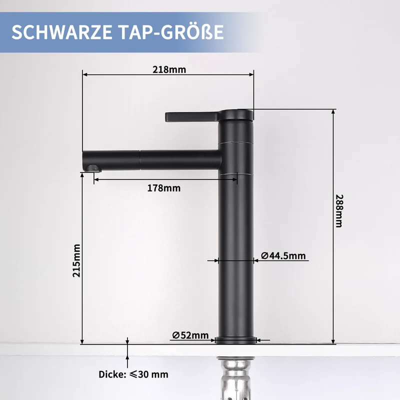 Homelody Wasserhahn Bad Schwarz 304 Edelstahl+Ablaufgarnitur 1 1/4 Zoll Messing Ventil Ablauf,Waschtischarmatur Waschbecken Armatur Mischbatterie Hoch