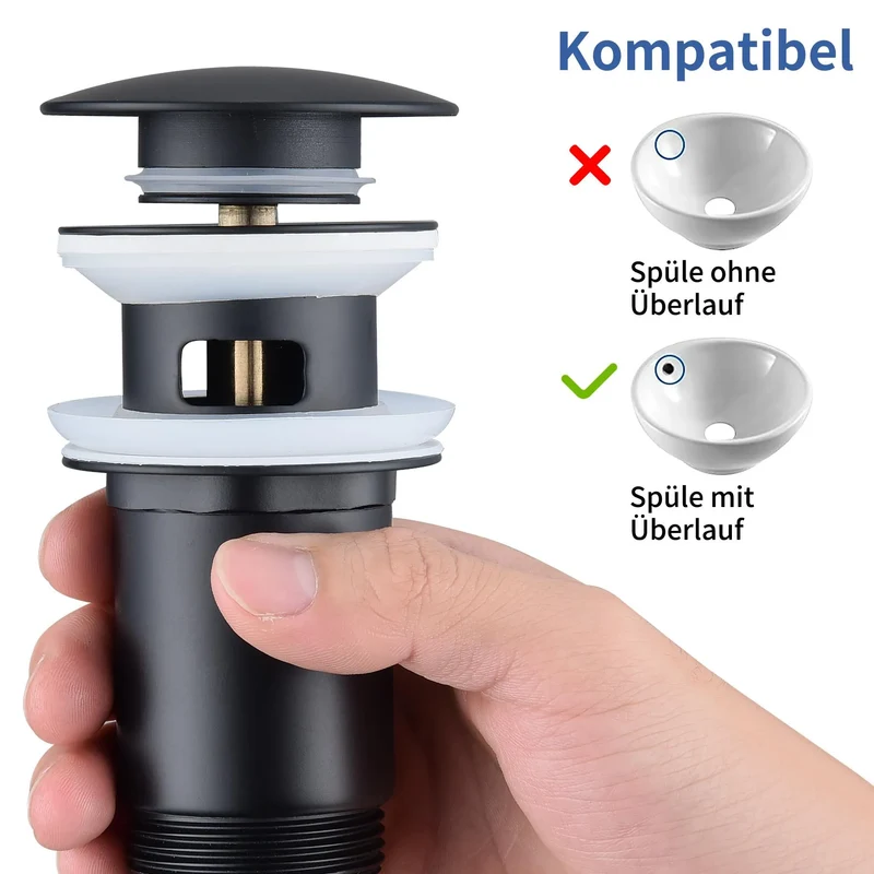 Homelody Wasserhahn Bad Schwarz 304 Edelstahl+Ablaufgarnitur 1 1/4 Zoll Messing Ventil Ablauf,Waschtischarmatur Waschbecken Armatur Mischbatterie Hoch