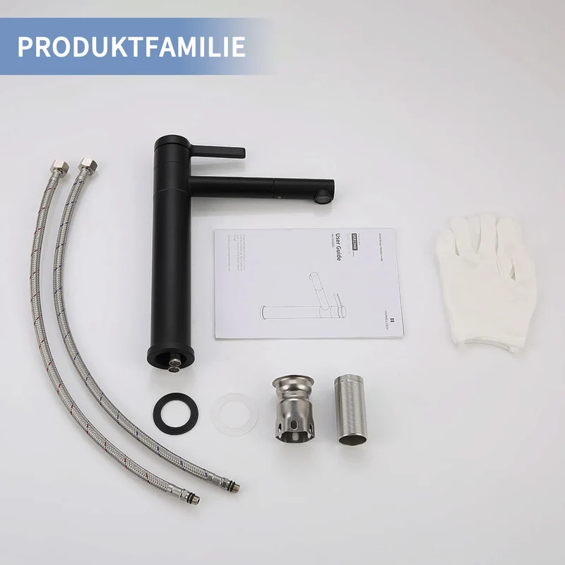 Homelody Wasserhahn Bad Schwarz 304 Edelstahl+Ablaufgarnitur 1 1/4 Zoll Messing Ventil Ablauf,Waschtischarmatur Waschbecken Armatur Mischbatterie Hoch