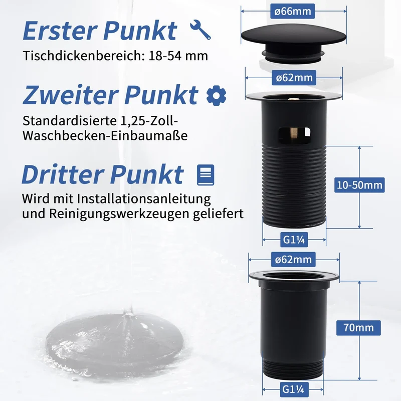 Homelody Wasserhahn Bad Schwarz 304 Edelstahl+Ablaufgarnitur 1 1/4 Zoll Messing Ventil Ablauf,Waschtischarmatur Waschbecken Armatur Mischbatterie Hoch