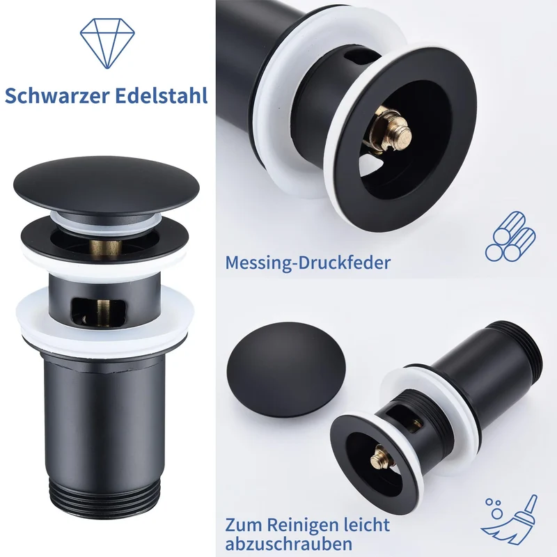 Homelody Wasserhahn Bad Schwarz 304 Edelstahl+Ablaufgarnitur 1 1/4 Zoll Messing Ventil Ablauf,Waschtischarmatur Waschbecken Armatur Mischbatterie Hoch