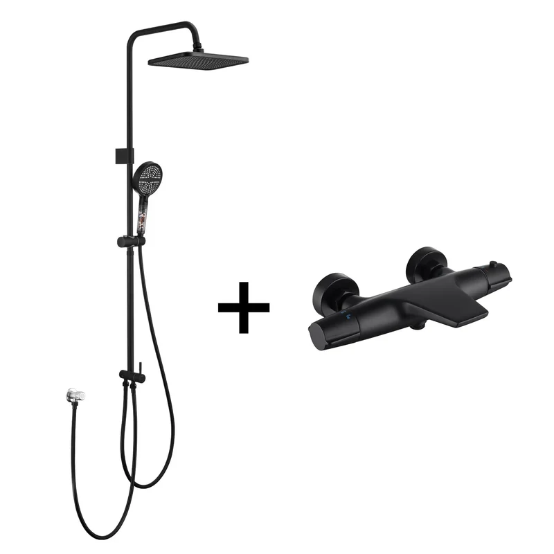 Homelody Duschsystem mit Thermostat Badewannenarmatur Schwarz mit 30×20 cm Regendusche, 6 Strahlarten Handbrause, Wasserfall-Auslauf
