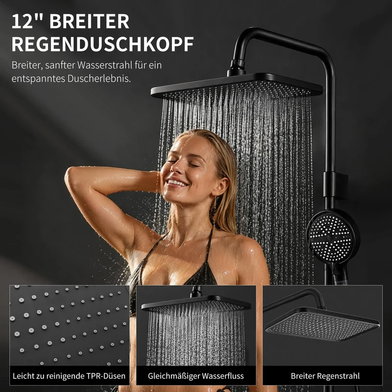 Homelody Duschsystem mit Thermostat Badewannenarmatur Schwarz mit 30×20 cm Regendusche, 6 Strahlarten Handbrause, Wasserfall-Auslauf