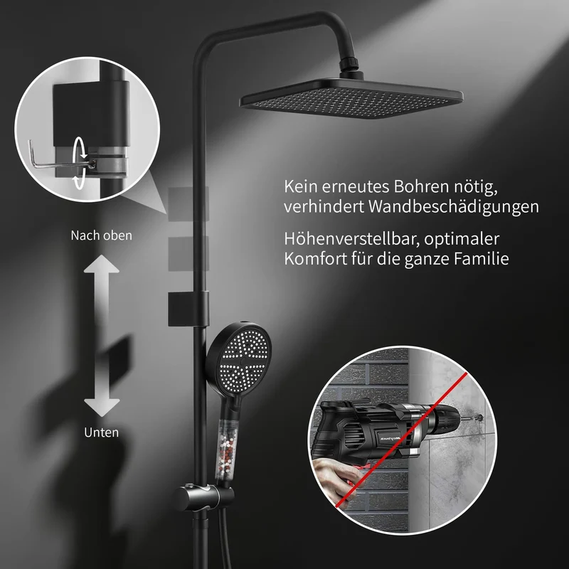 Homelody Duschsystem mit Thermostat Badewannenarmatur Schwarz mit 30×20 cm Regendusche, 6 Strahlarten Handbrause, Wasserfall-Auslauf