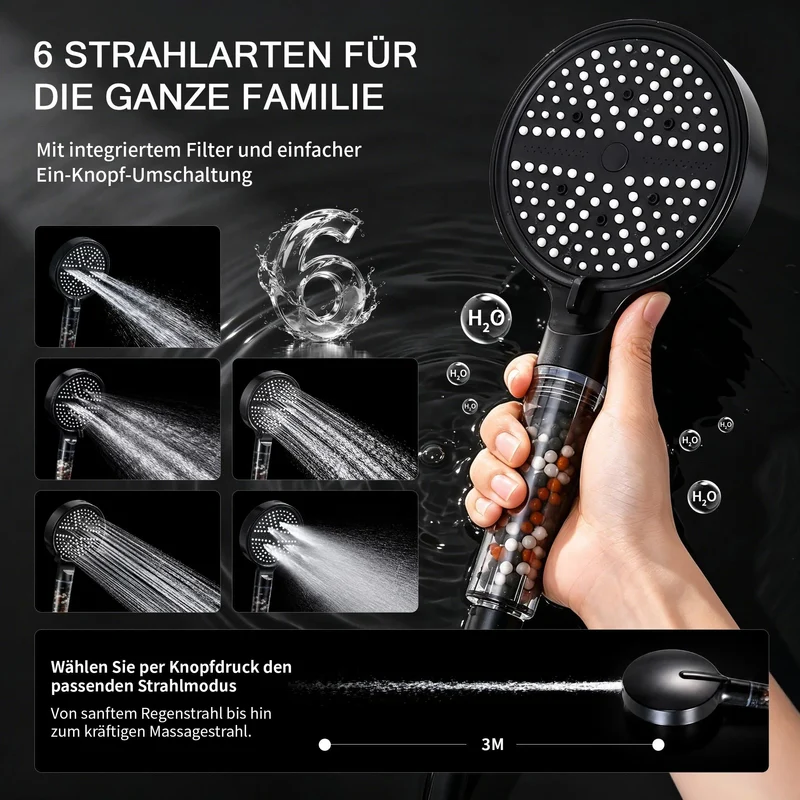 Homelody Duschsystem mit Thermostat Badewannenarmatur Schwarz mit 30×20 cm Regendusche, 6 Strahlarten Handbrause, Wasserfall-Auslauf