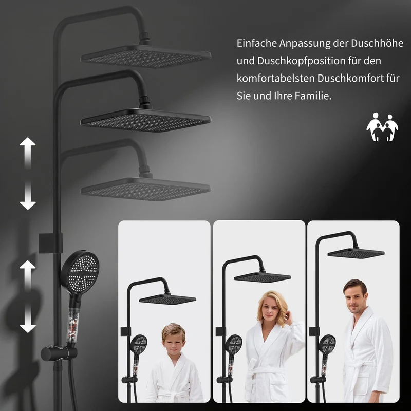 Homelody Duschsystem mit Thermostat Badewannenarmatur Schwarz mit 30×20 cm Regendusche, 6 Strahlarten Handbrause, Wasserfall-Auslauf