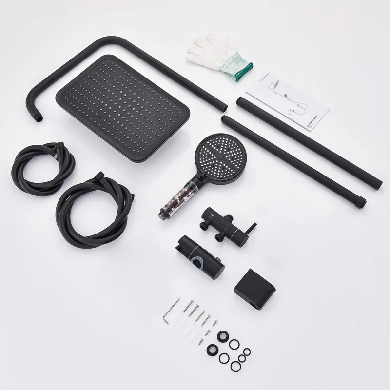Homelody Duschsystem mit Thermostat Badewannenarmatur Schwarz mit 30×20 cm Regendusche, 6 Strahlarten Handbrause, Wasserfall-Auslauf